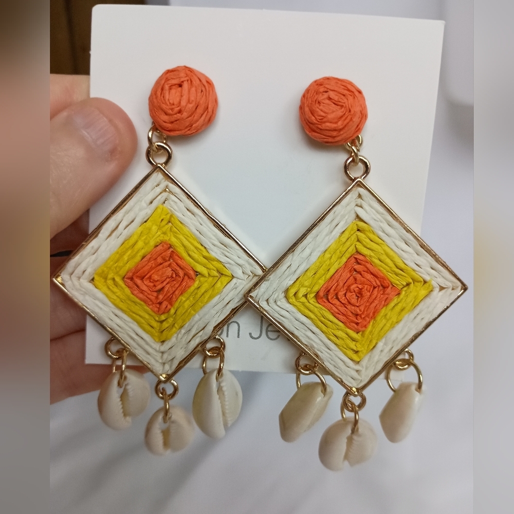 NEW Handcrafted Orange Yellow Geometric Summer Gift Earrings (#0281)